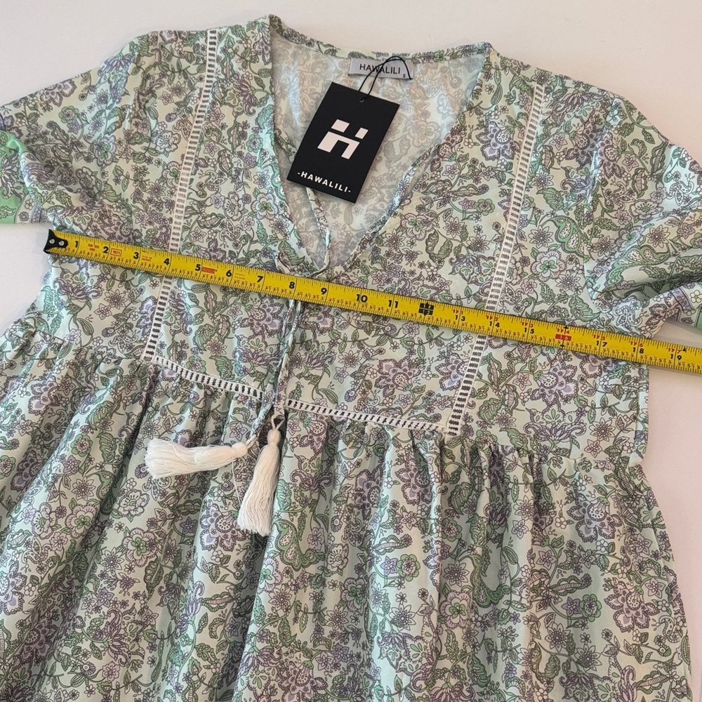 Hawalili Green & Lavender Floral Boho Midi Dress- size S oversized - Picture 11 of 16